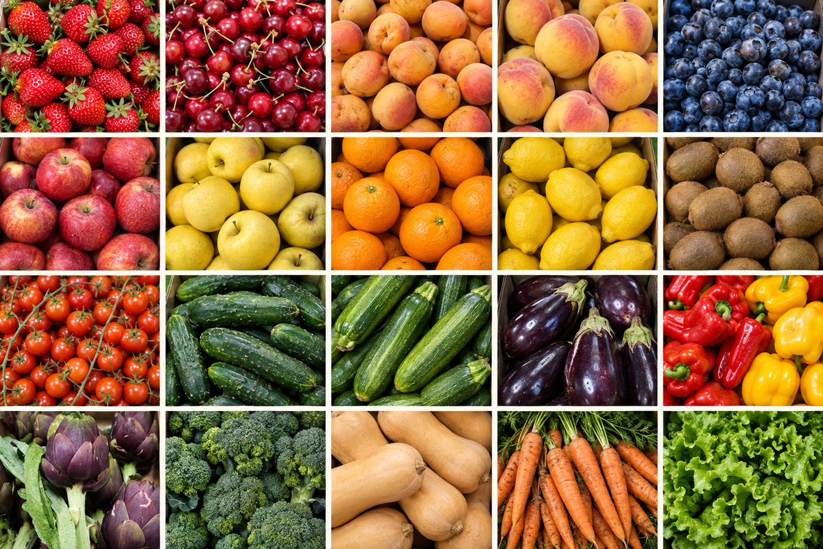 Prova di collage con 20 prodotti di frutta e verdura