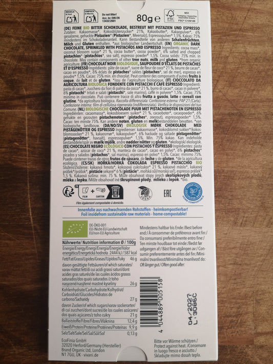 Cioccolato Espresso Pistacchio Dark 75% 80 gr - Vivani